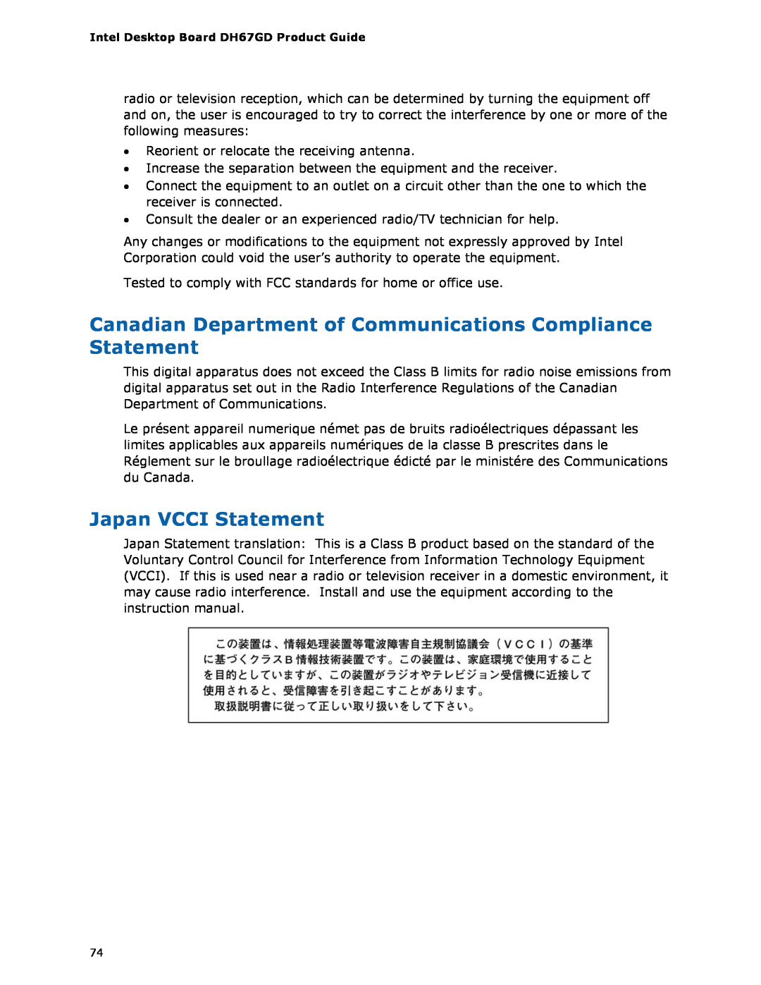 Intel G13841-001, BLKDH67GDB3 manual Canadian Department of Communications Compliance Statement, Japan VCCI Statement 