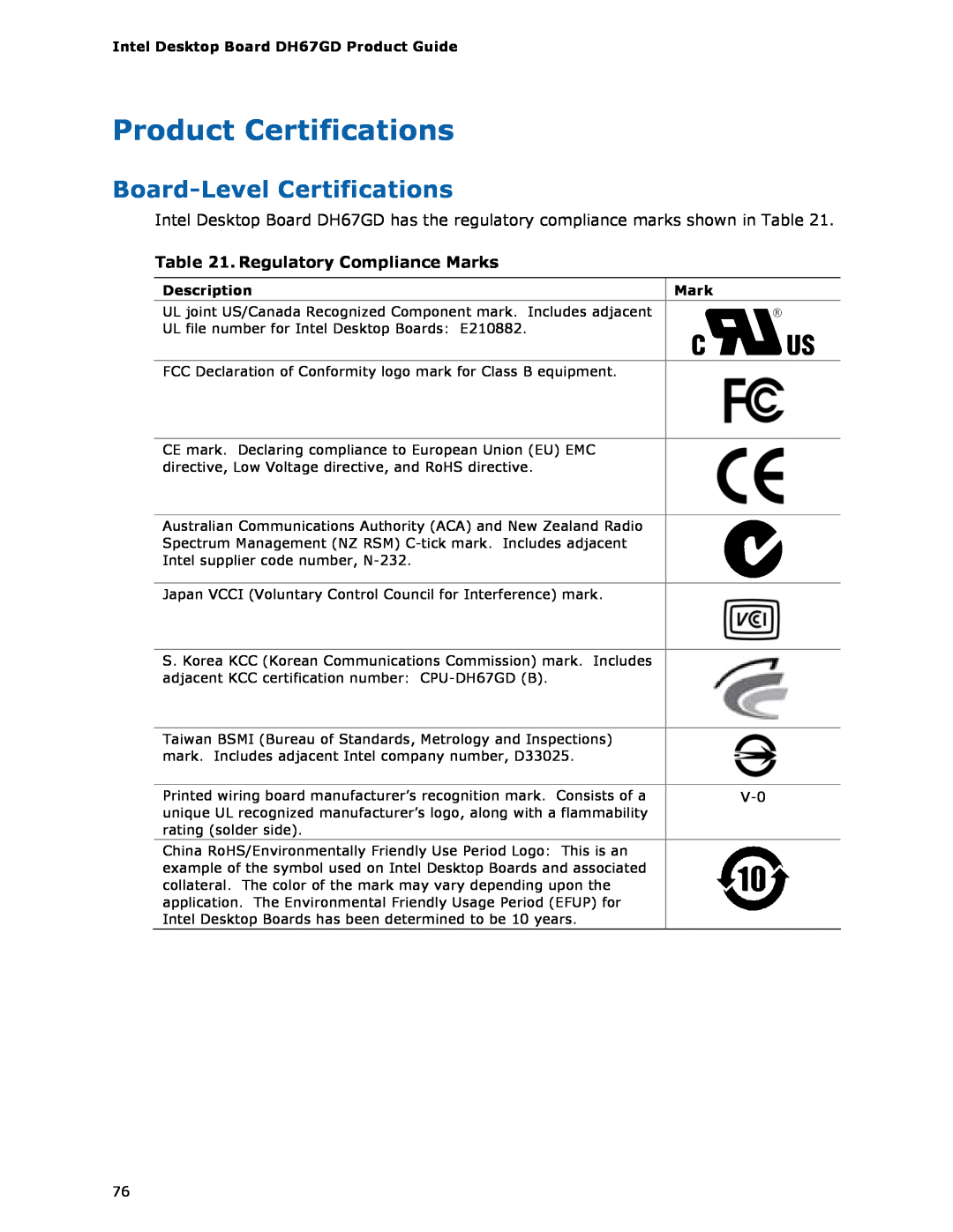 Intel BLKDH67GDB3, G13841-001 manual Product Certifications, Board-Level Certifications, Regulatory Compliance Marks 