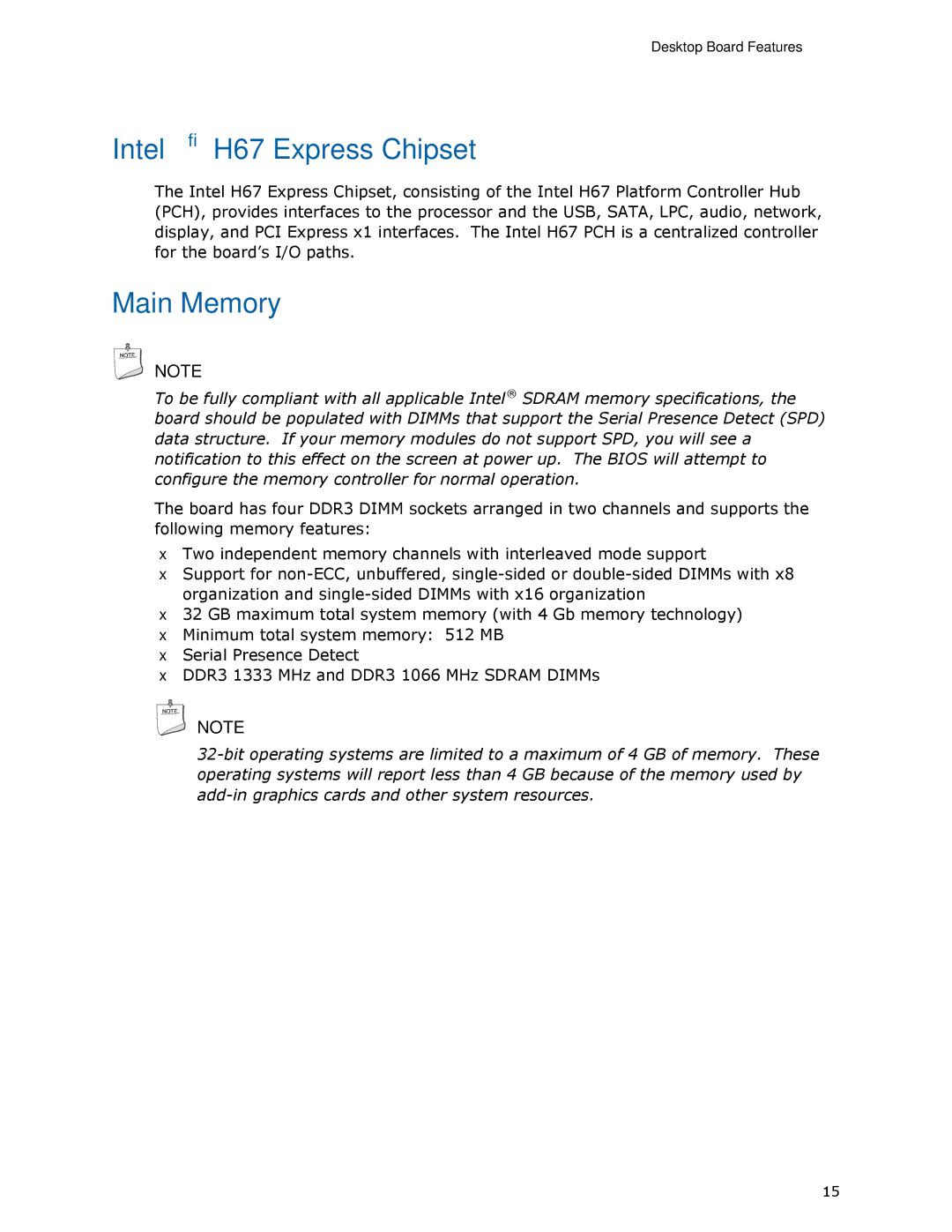 Intel BLKDH67GDB3, G13841-001 manual Intel H67 Express Chipset, Main Memory 