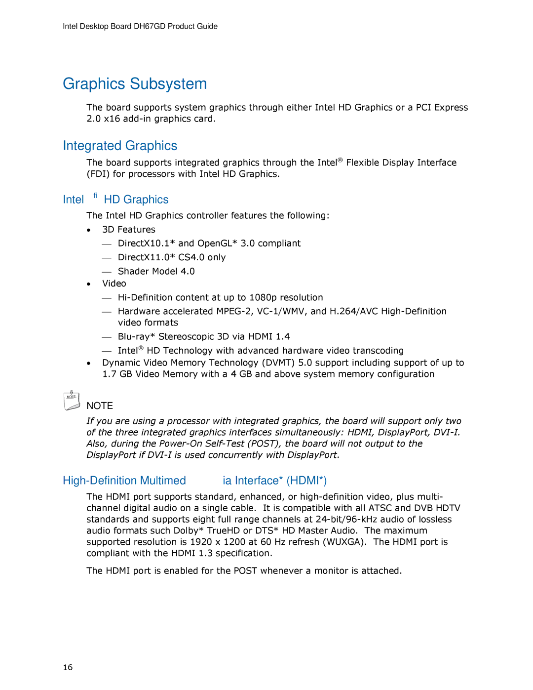 Intel BLKDH67GDB3, G13841-001 manual Graphics Subsystem, Integrated Graphics 