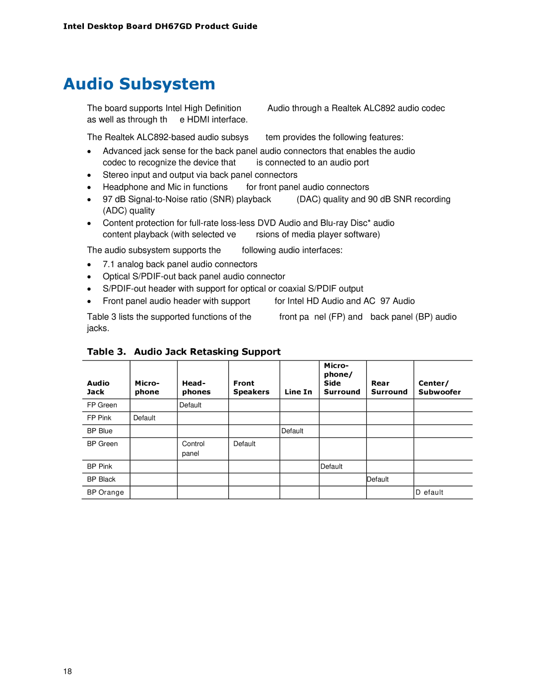 Intel BLKDH67GDB3, G13841-001 manual Audio Subsystem, Audio Jack Retasking Support 