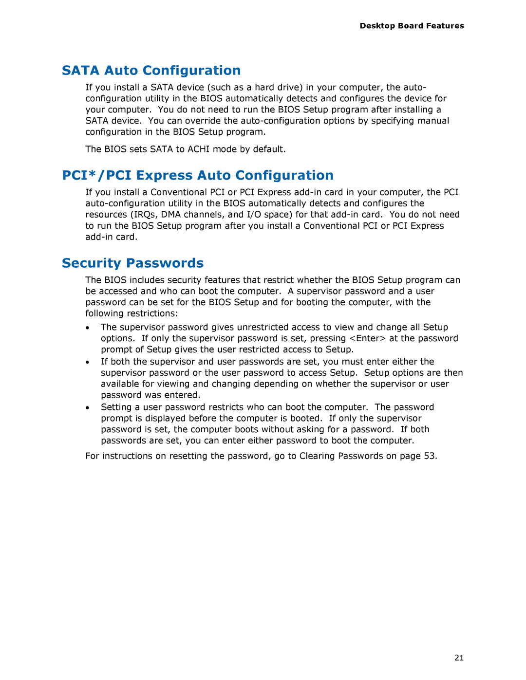 Intel BLKDH67GDB3, G13841-001 manual Sata Auto Configuration, PCI*/PCI Express Auto Configuration, Security Passwords 