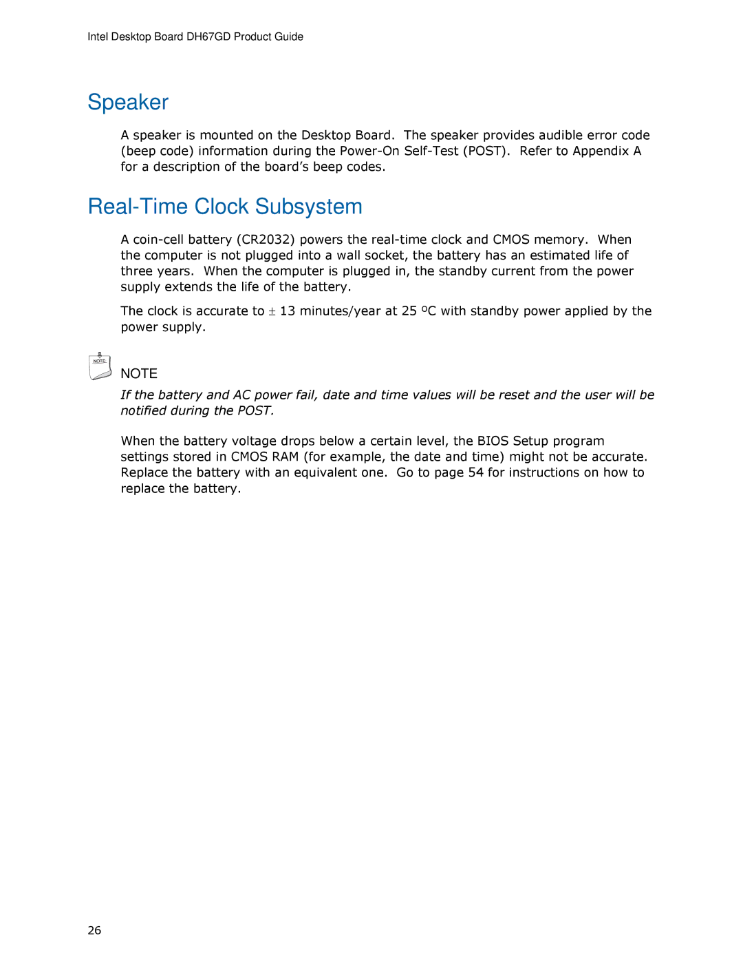 Intel G13841-001, BLKDH67GDB3 manual Speaker, Real-Time Clock Subsystem 