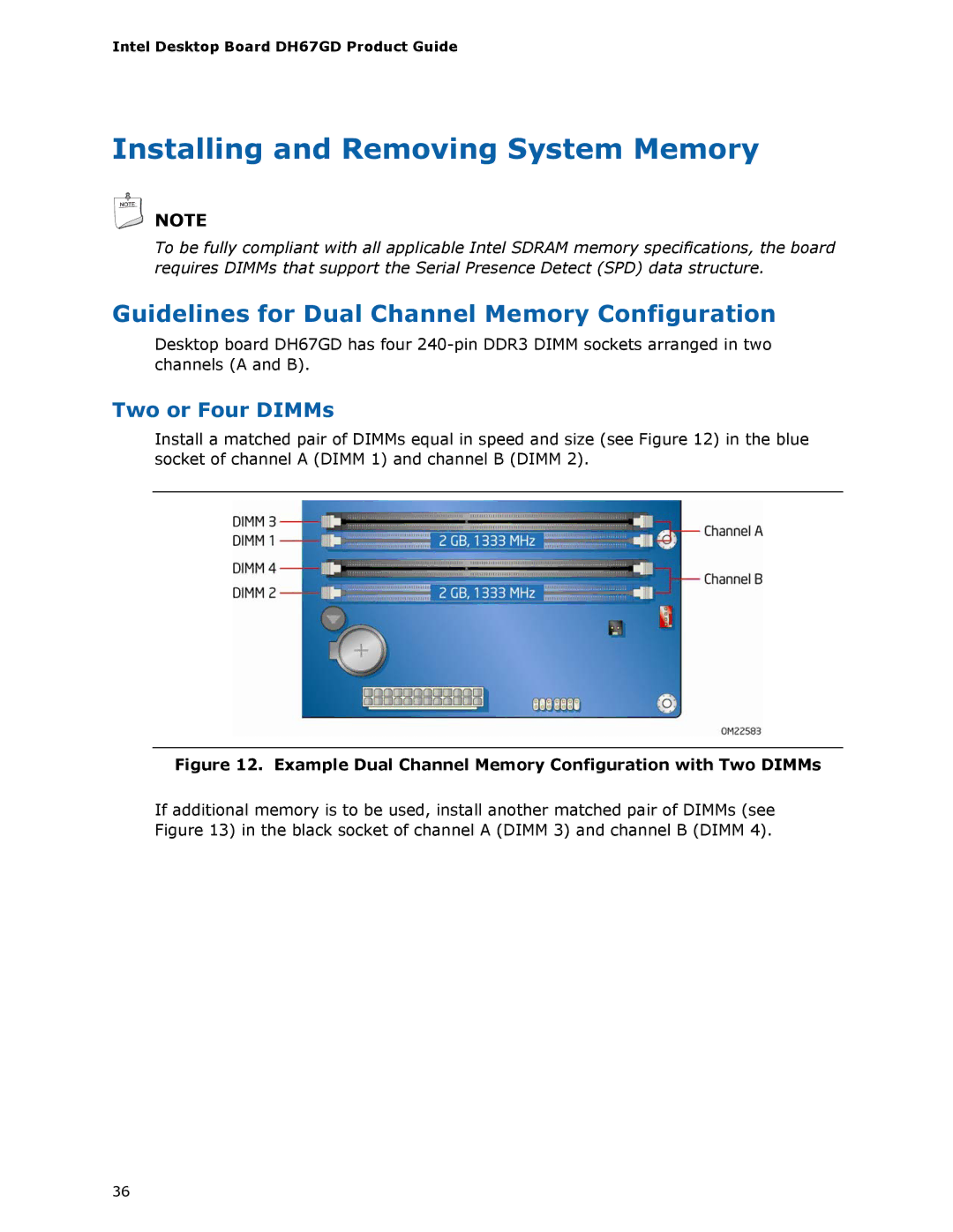 Intel BLKDH67GDB3, G13841-001 Installing and Removing System Memory, Guidelines for Dual Channel Memory Configuration 