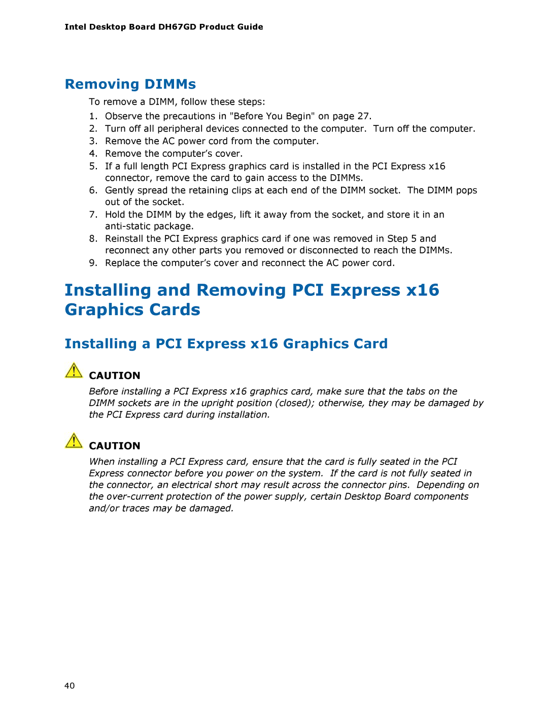 Intel BLKDH67GDB3, G13841-001 manual Installing and Removing PCI Express x16 Graphics Cards, Removing DIMMs 