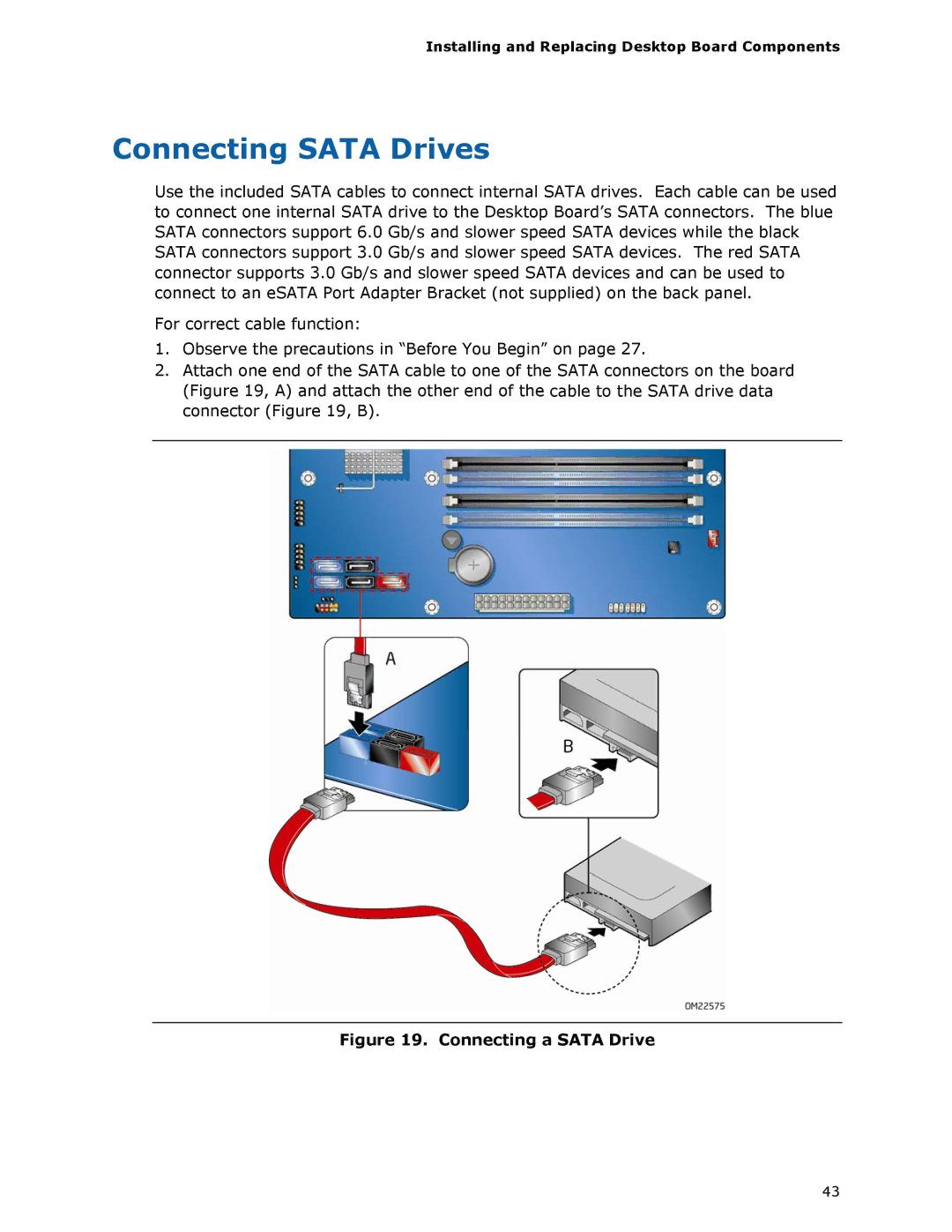 Intel BLKDH67GDB3, G13841-001 manual Connecting Sata Drives, Connecting a Sata Drive 