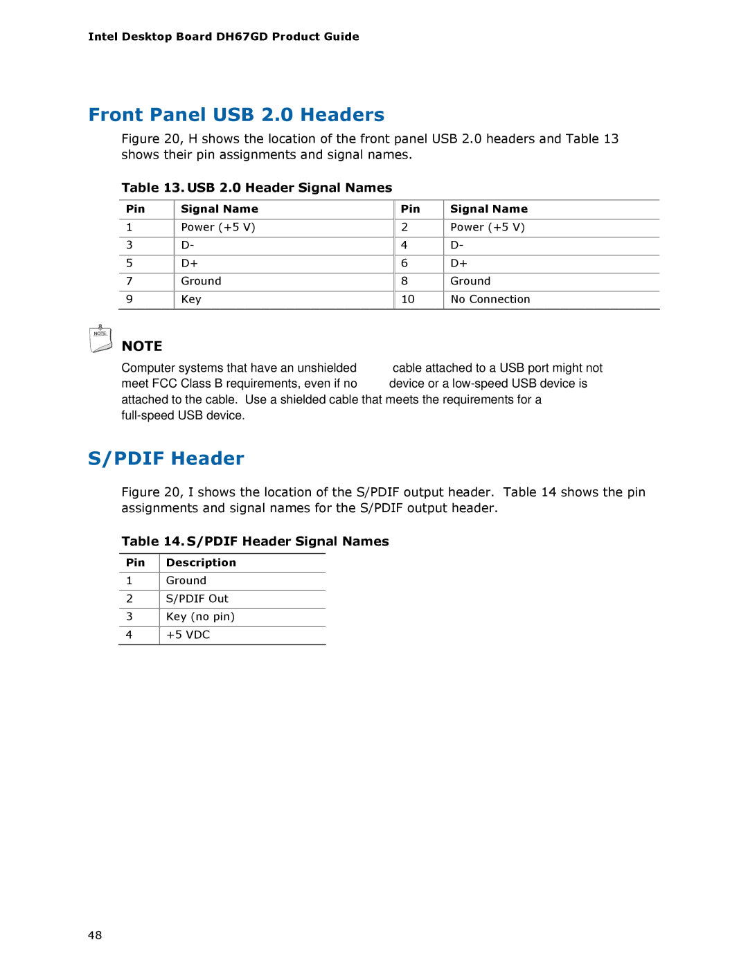 Intel BLKDH67GDB3, G13841-001 Front Panel USB 2.0 Headers, USB 2.0 Header Signal Names, Pdif Header Signal Names 