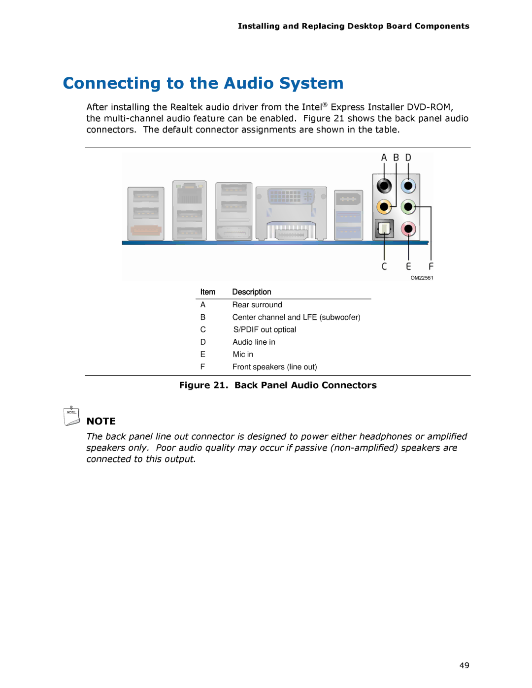 Intel BLKDH67GDB3, G13841-001 manual Connecting to the Audio System, Back Panel Audio Connectors 