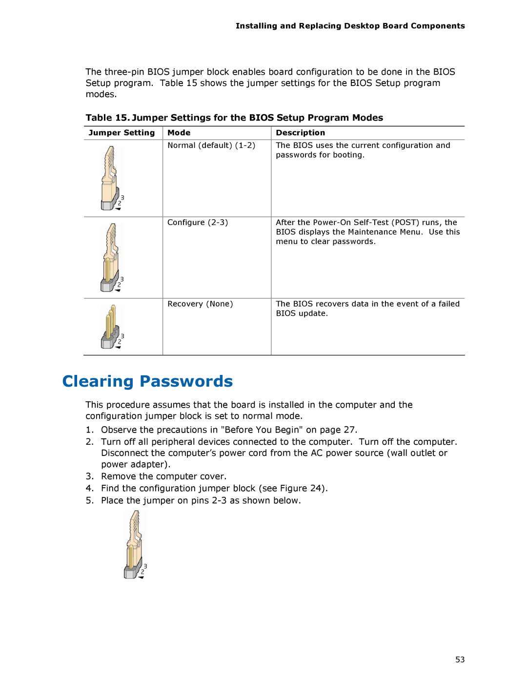 Intel G13841-001 Clearing Passwords, Jumper Settings for the Bios Setup Program Modes, Jumper Setting Mode Description 