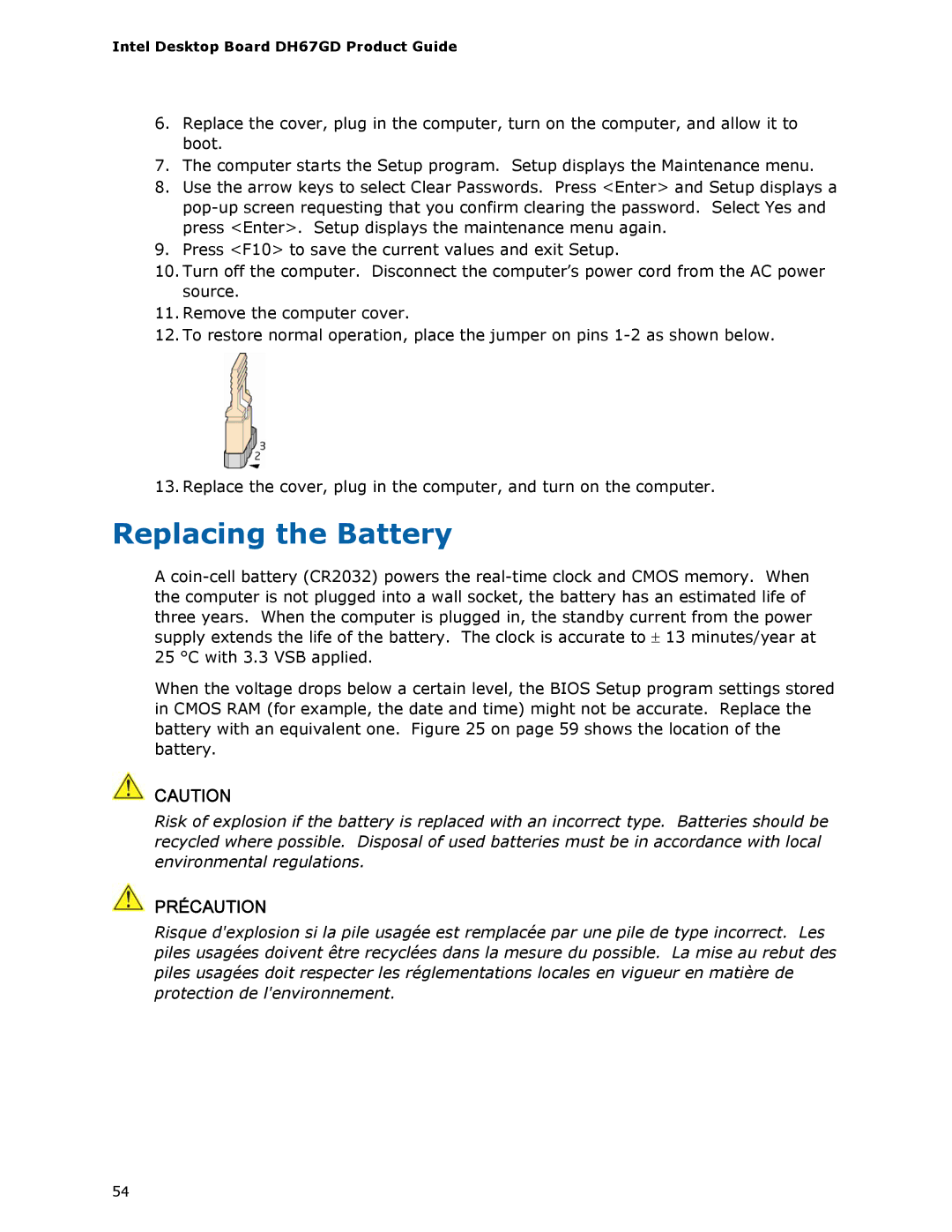 Intel BLKDH67GDB3, G13841-001 manual Replacing the Battery, Précaution 