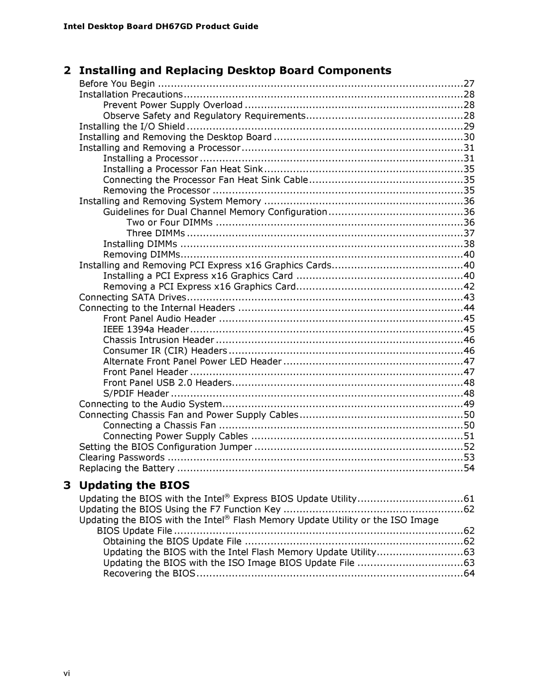 Intel BLKDH67GDB3, G13841-001 manual Installing and Replacing Desktop Board Components 