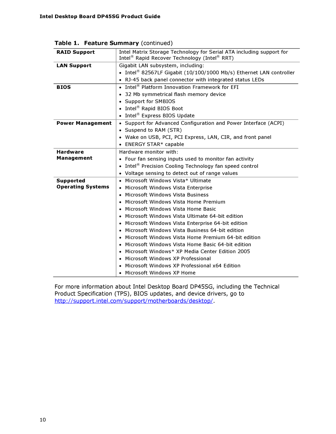 Intel DP45SG manual RAID Support, LAN Support, Power Management, Hardware, Supported, Operating Systems 