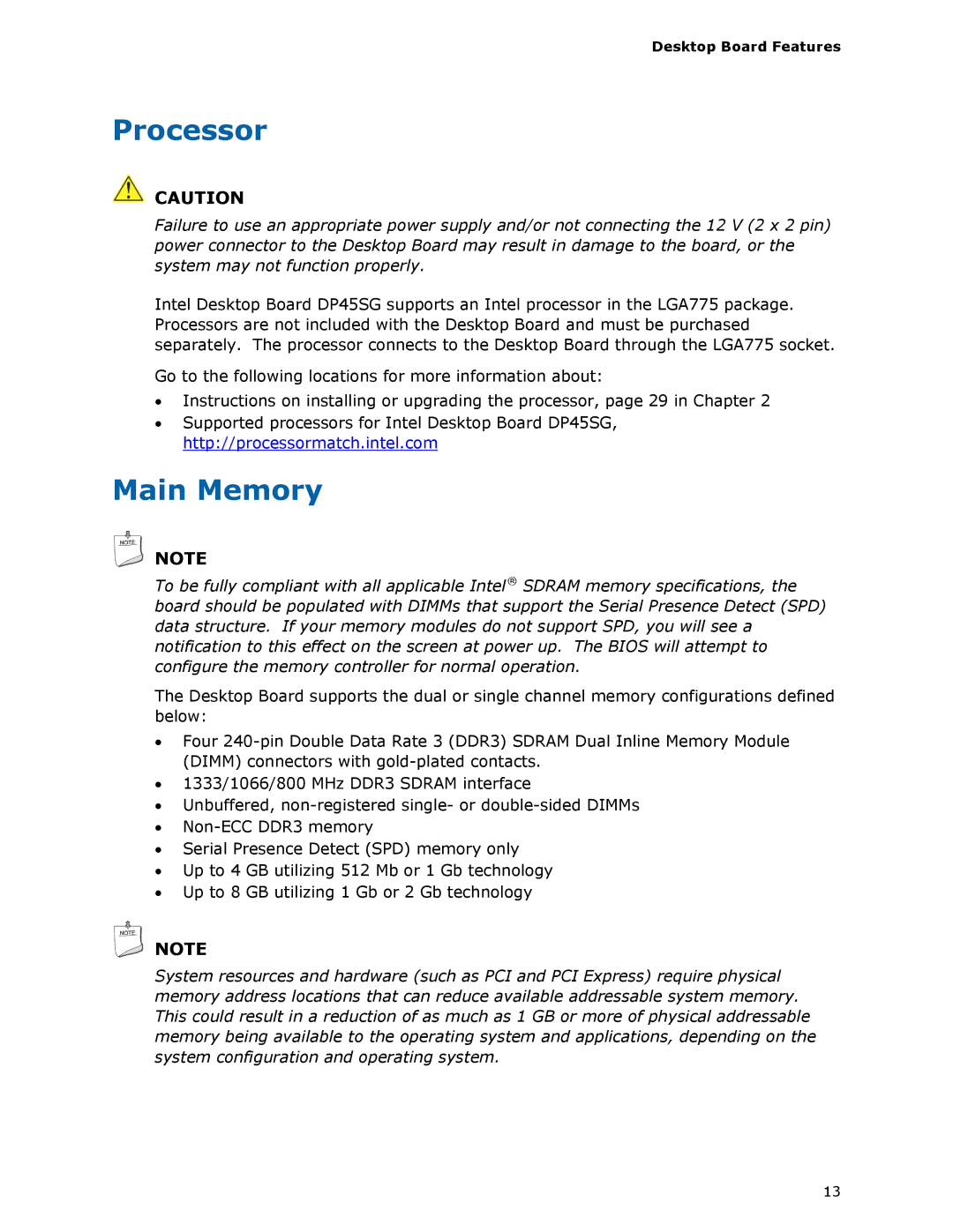 Intel DP45SG manual Processor, Main Memory 