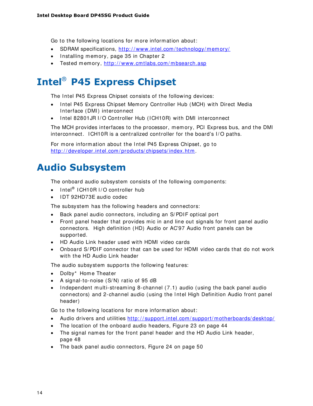 Intel DP45SG manual Intel P45 Express Chipset, Audio Subsystem 