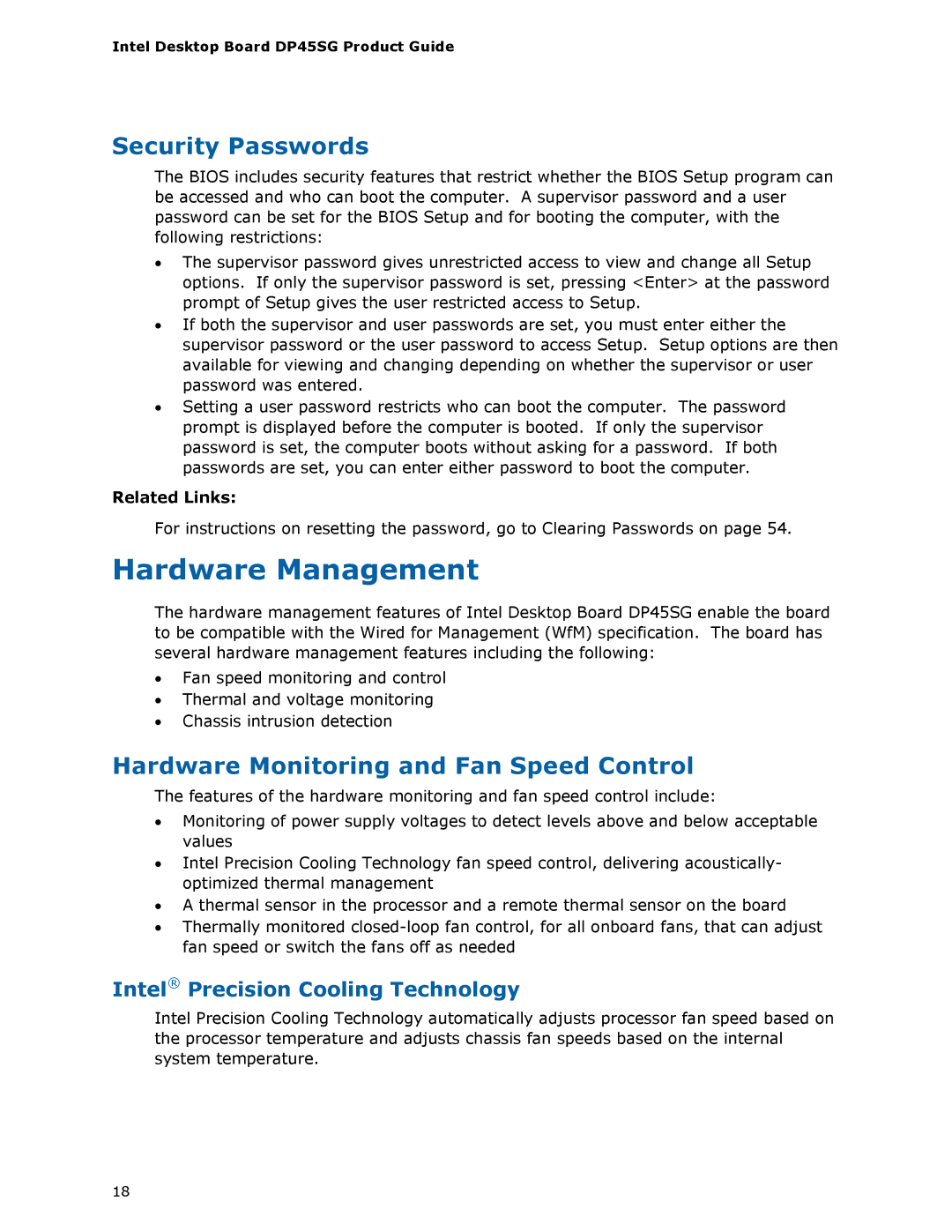 Intel DP45SG manual Hardware Management, Security Passwords, Hardware Monitoring and Fan Speed Control, Related Links 