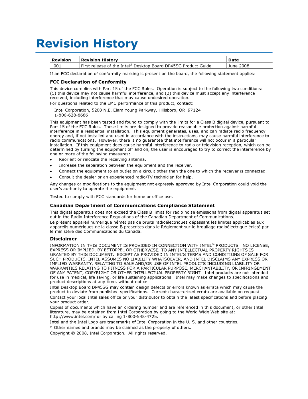 Intel DP45SG Revision History, FCC Declaration of Conformity, Canadian Department of Communications Compliance Statement 