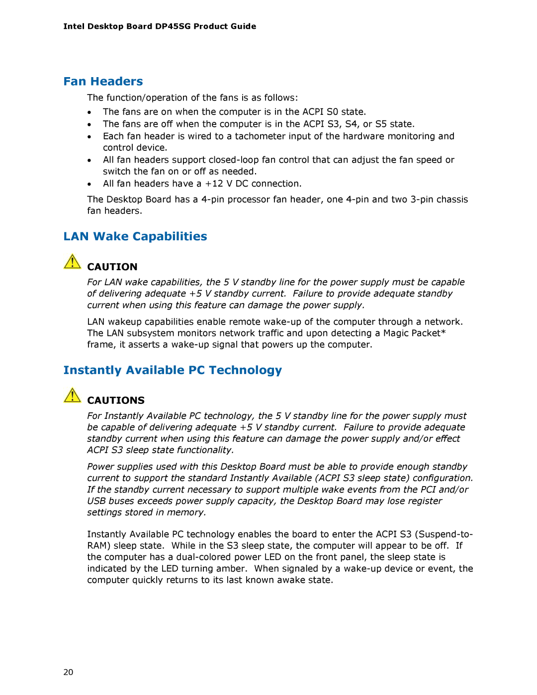 Intel DP45SG manual Fan Headers, LAN Wake Capabilities, Instantly Available PC Technology 