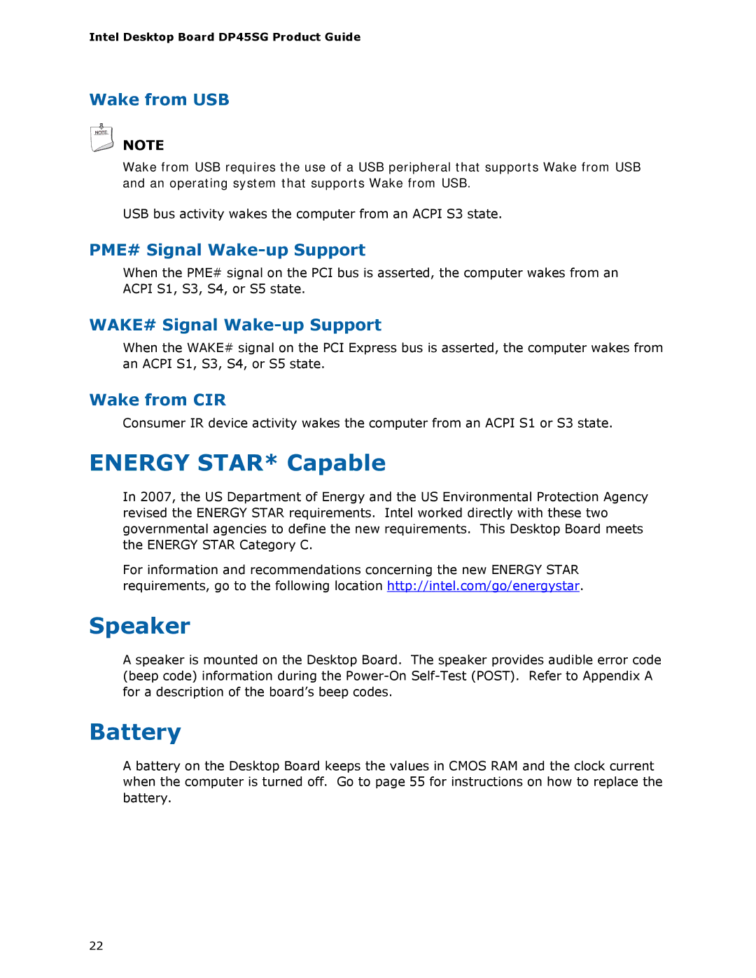 Intel DP45SG manual Energy STAR* Capable, Speaker, Battery 