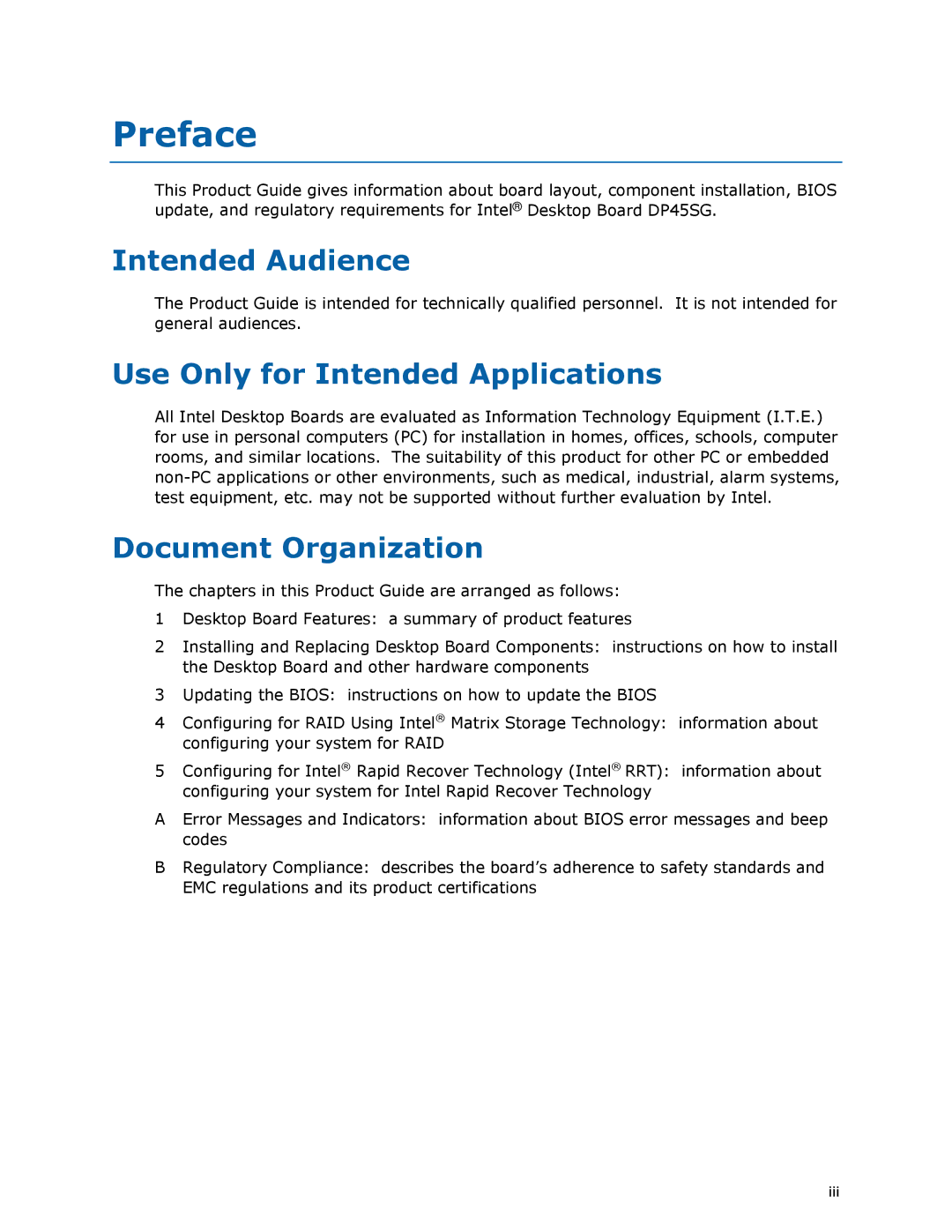 Intel DP45SG manual Preface, Intended Audience, Use Only for Intended Applications, Document Organization 