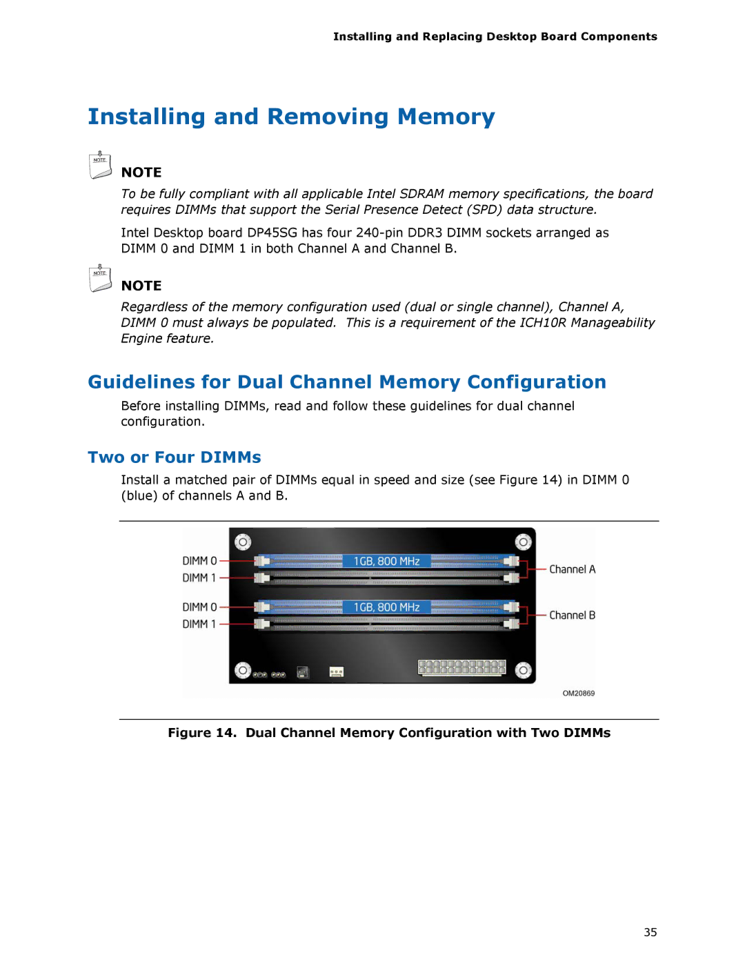 Intel DP45SG manual Installing and Removing Memory, Guidelines for Dual Channel Memory Configuration, Two or Four DIMMs 