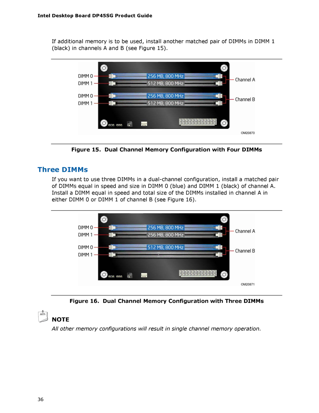 Intel DP45SG manual Three DIMMs, Dual Channel Memory Configuration with Four DIMMs 