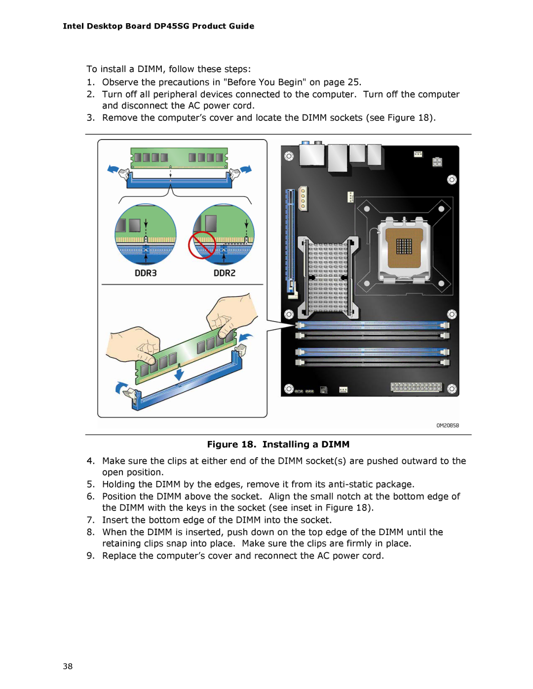 Intel DP45SG manual Installing a Dimm 