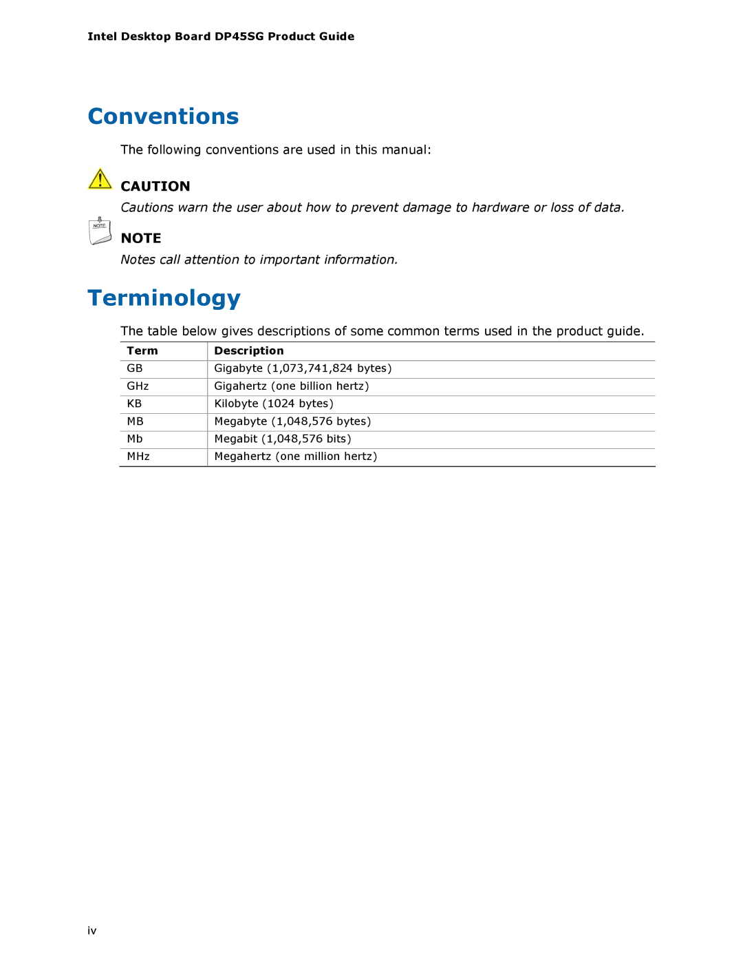 Intel manual Conventions, Terminology, Intel Desktop Board DP45SG Product Guide, Term Description 