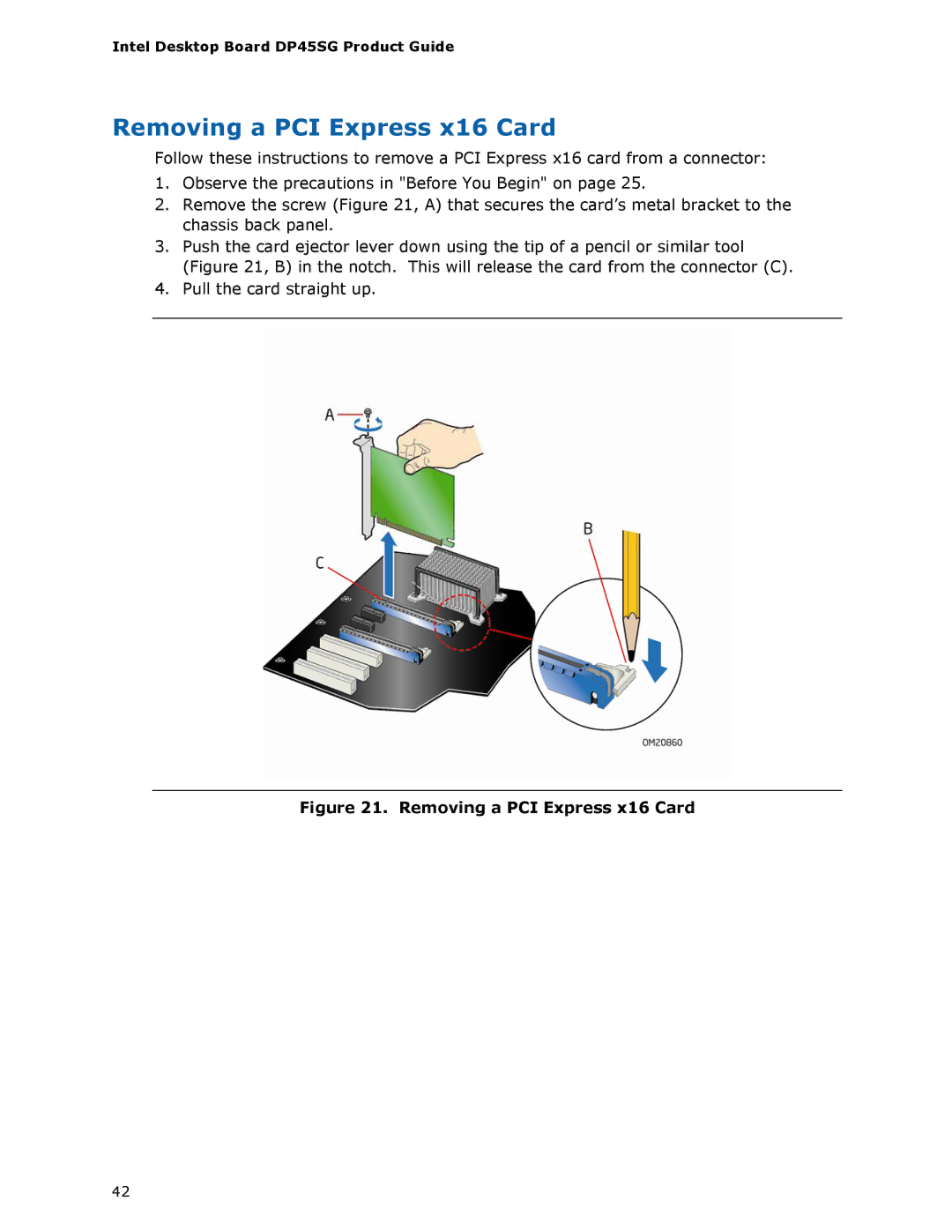 Intel DP45SG manual Removing a PCI Express x16 Card 