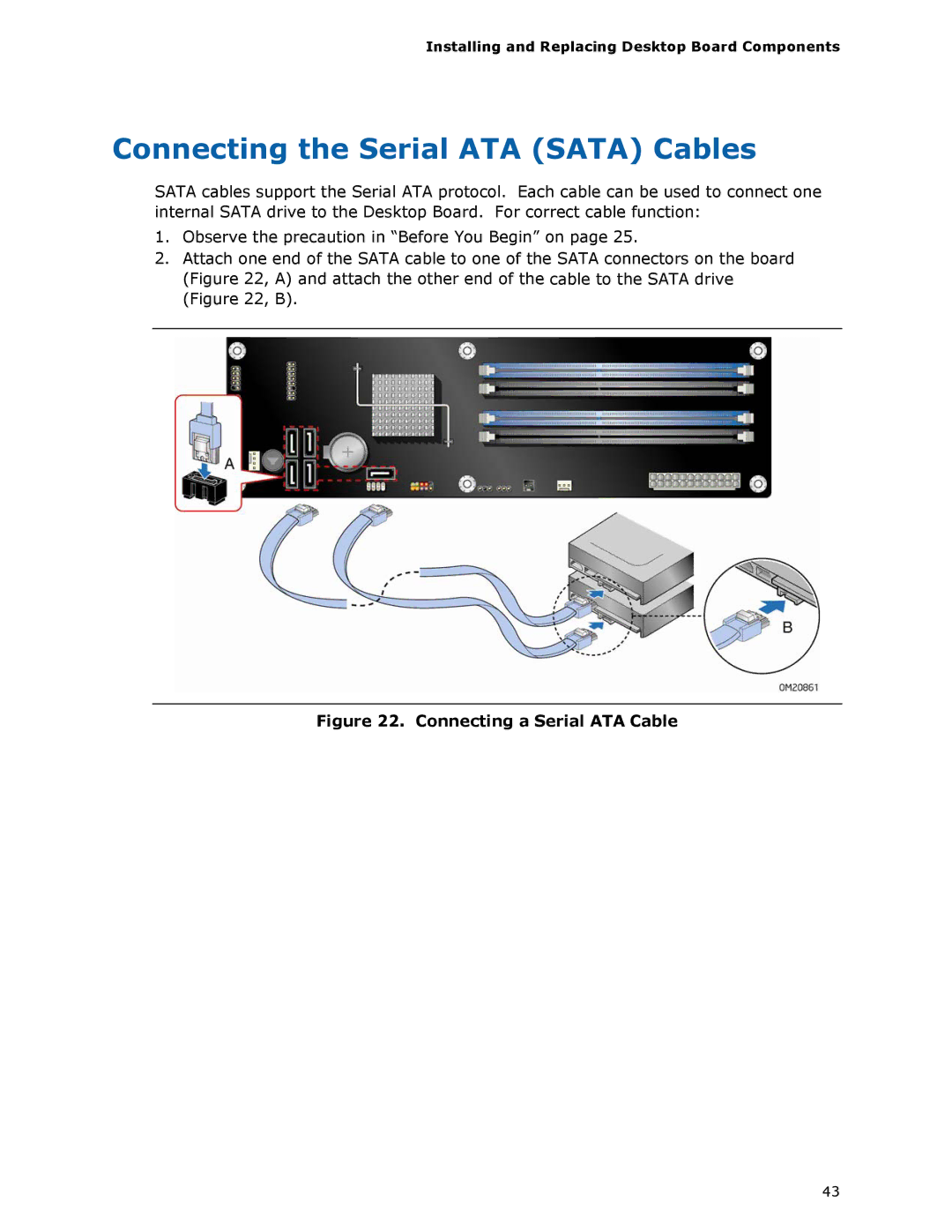 Intel DP45SG manual Connecting the Serial ATA Sata Cables, Connecting a Serial ATA Cable 