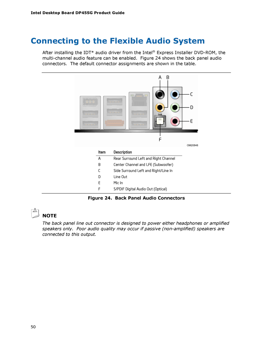 Intel DP45SG manual Connecting to the Flexible Audio System, Back Panel Audio Connectors 