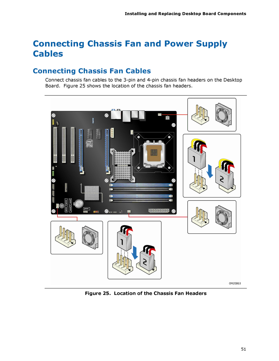 Intel DP45SG manual Connecting Chassis Fan and Power Supply Cables, Connecting Chassis Fan Cables 