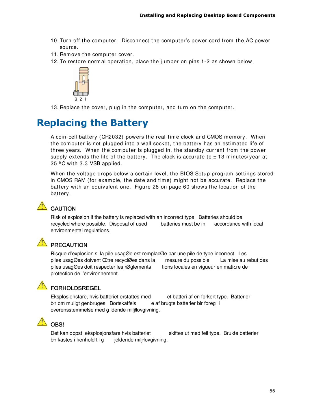 Intel DP45SG manual Replacing the Battery, Precaution 