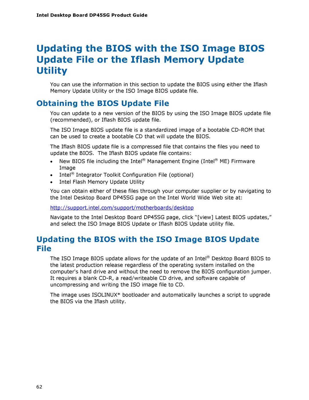 Intel DP45SG manual Obtaining the Bios Update File, Updating the Bios with the ISO Image Bios Update File 