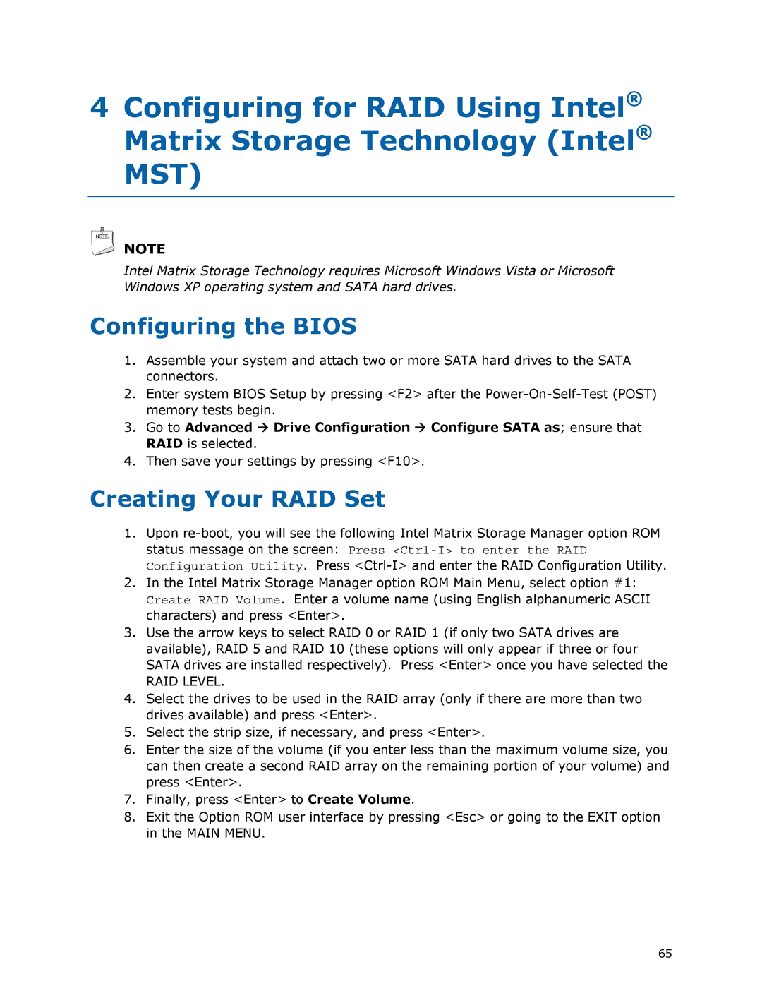 Intel DP45SG manual Configuring the Bios, Creating Your RAID Set 