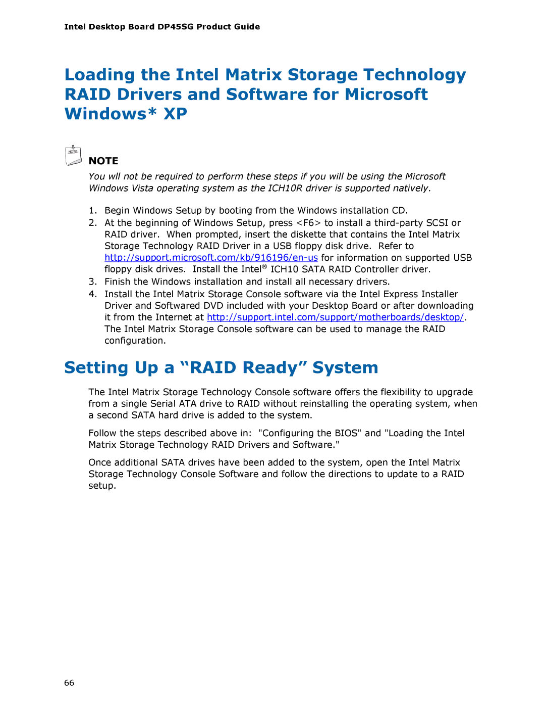 Intel DP45SG manual Setting Up a RAID Ready System 