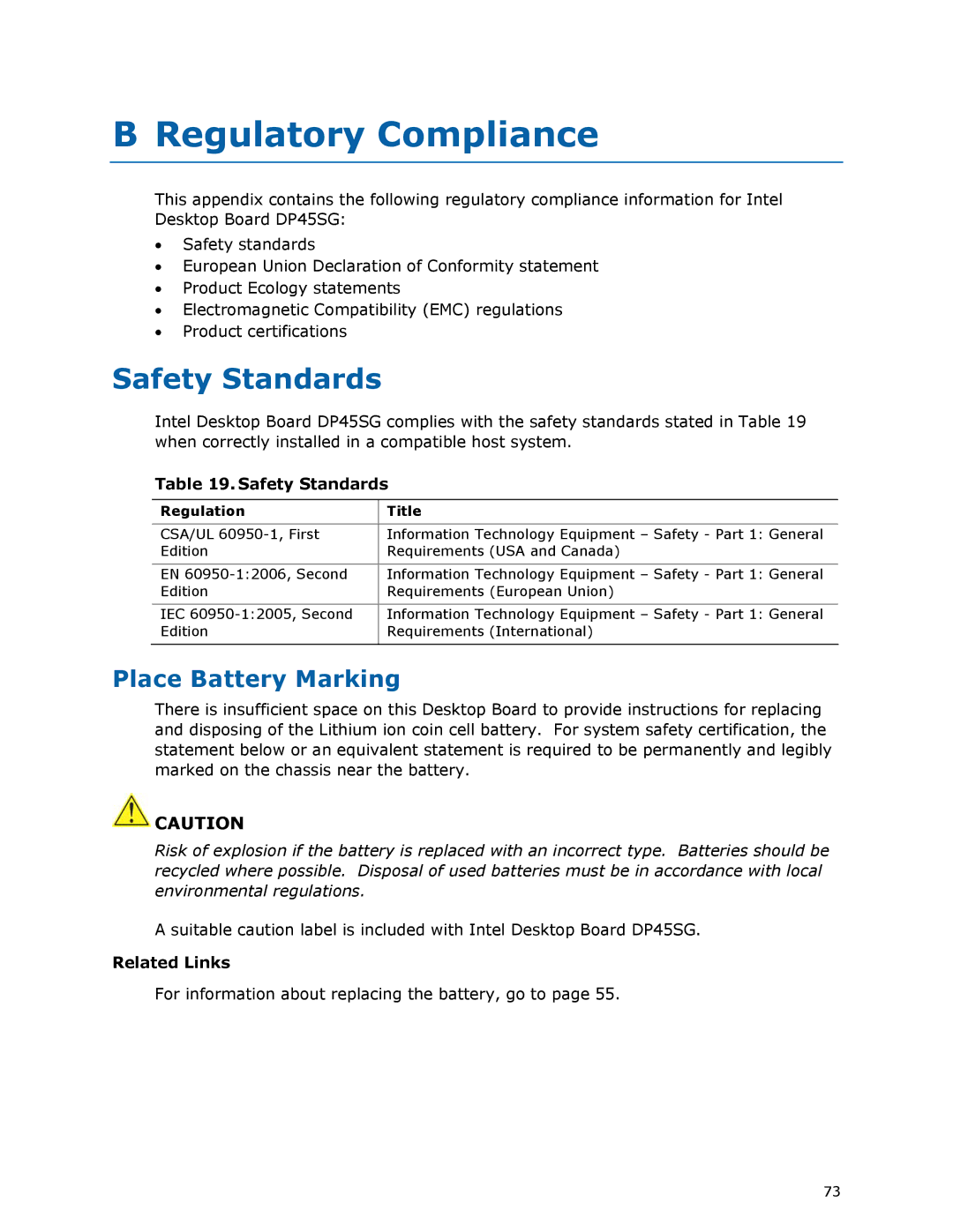 Intel DP45SG manual Regulatory Compliance, Safety Standards, Place Battery Marking, Regulation Title 