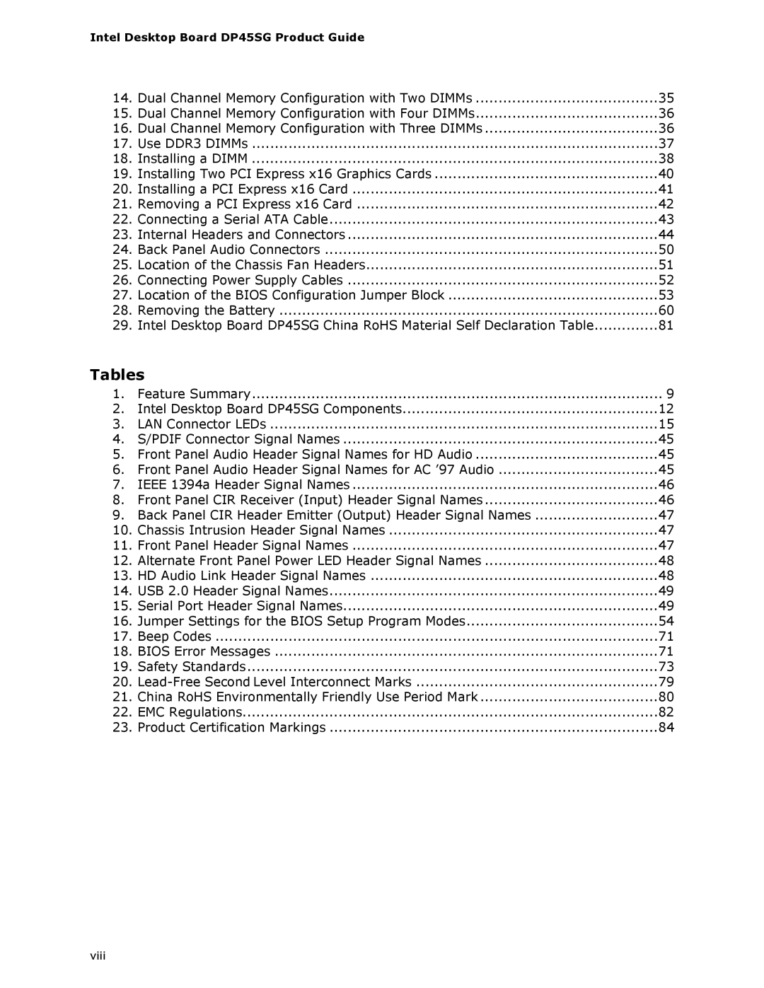 Intel DP45SG manual Tables 