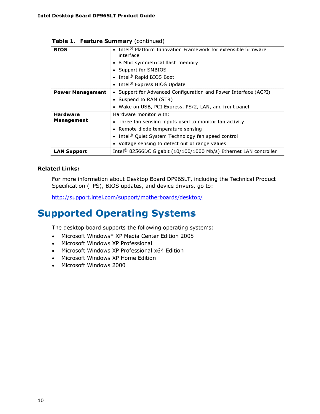 Intel DP965LT manual Supported Operating Systems, Related Links 