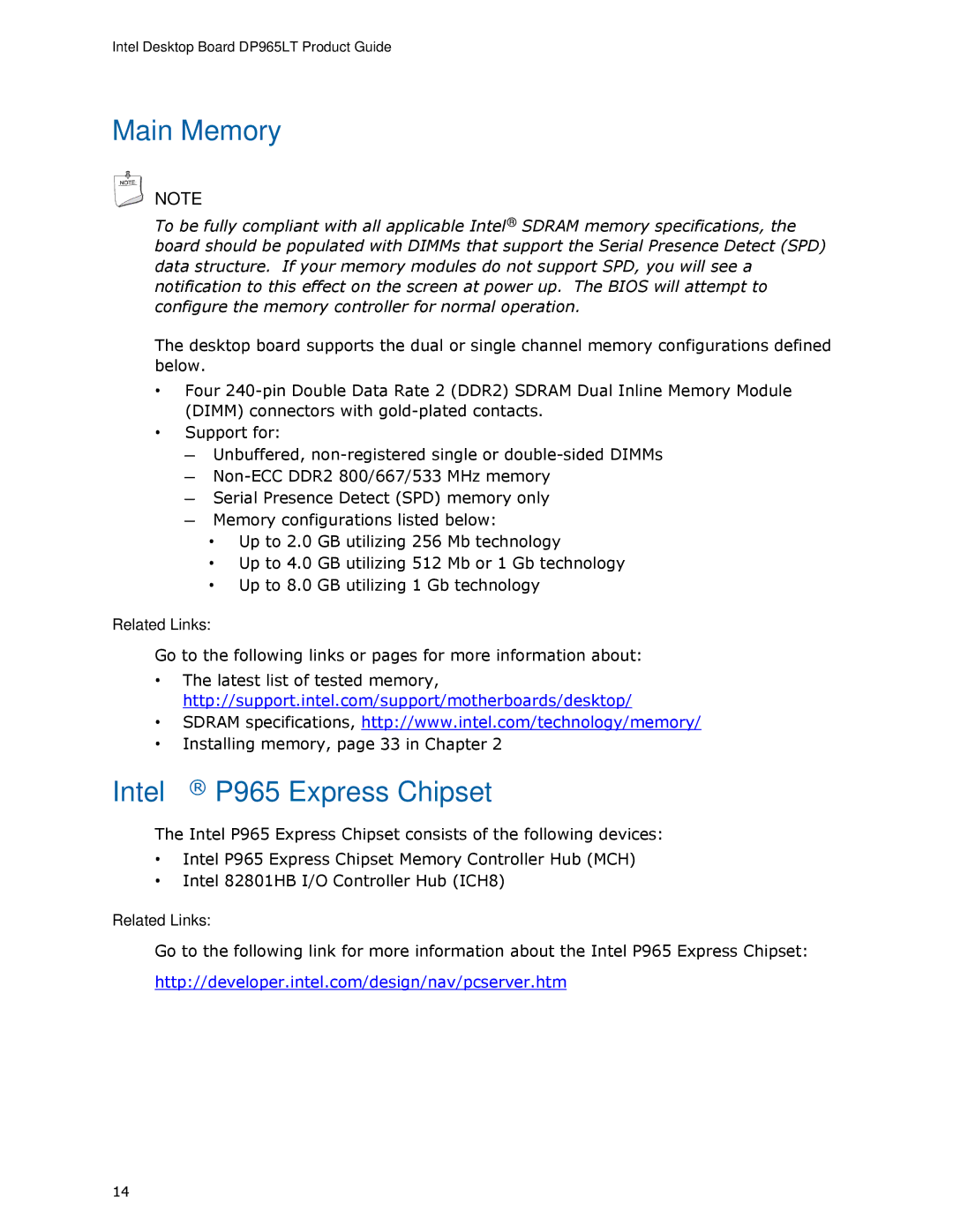 Intel DP965LT manual Main Memory, Intel P965 Express Chipset 