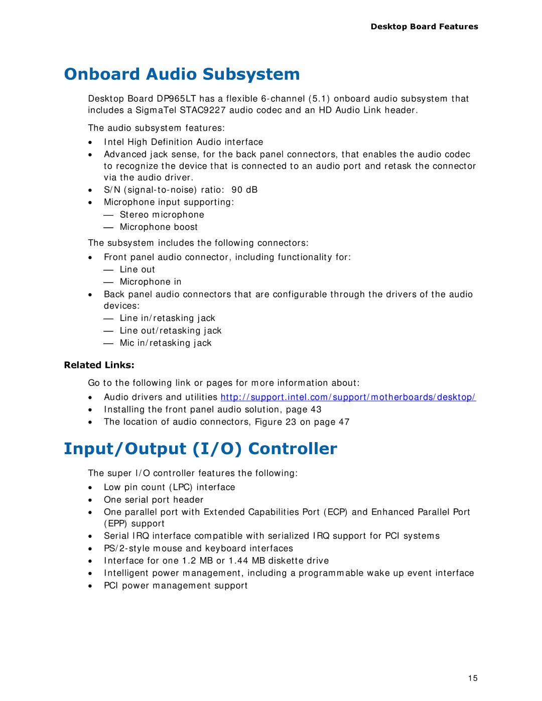 Intel DP965LT manual Onboard Audio Subsystem, Input/Output I/O Controller 