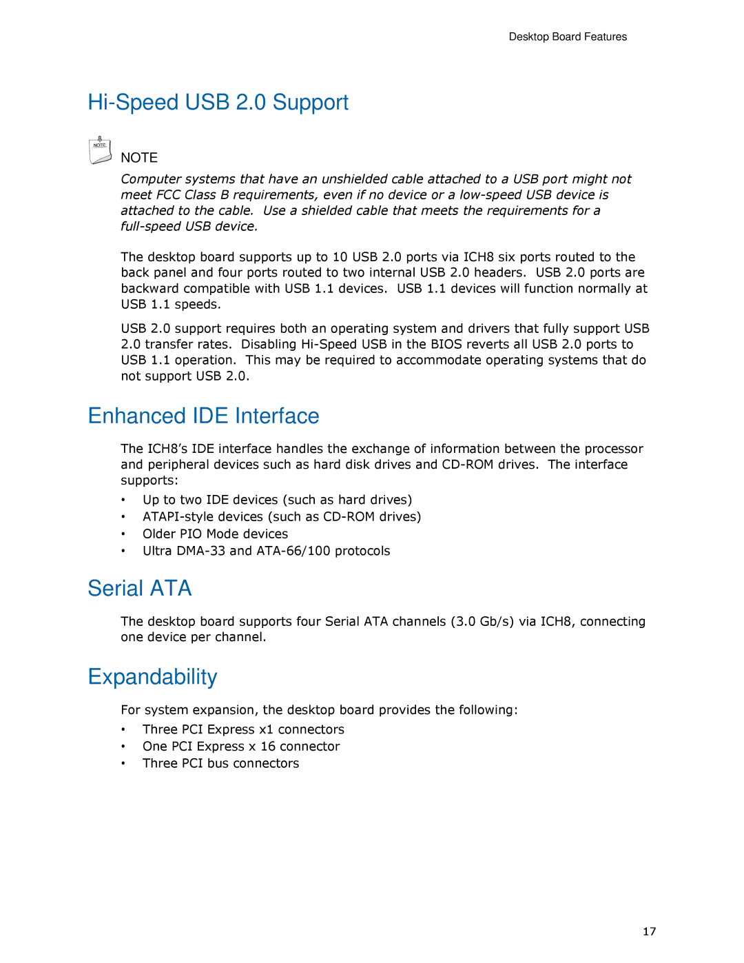 Intel DP965LT manual Hi-Speed USB 2.0 Support, Enhanced IDE Interface, Serial ATA, Expandability 