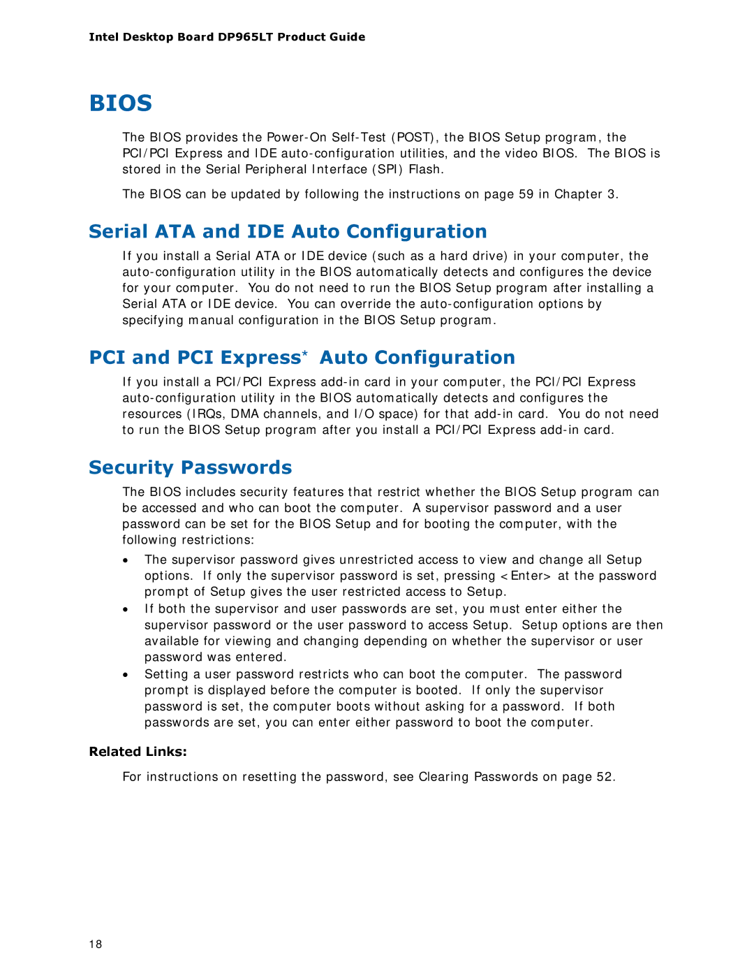 Intel DP965LT manual Serial ATA and IDE Auto Configuration, PCI and PCI Express* Auto Configuration, Security Passwords 