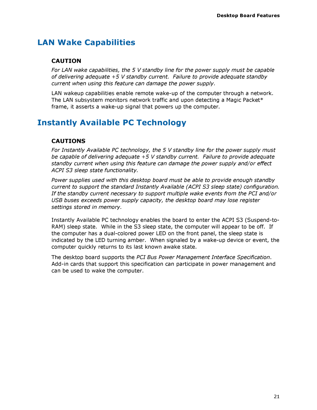 Intel DP965LT manual LAN Wake Capabilities, Instantly Available PC Technology 