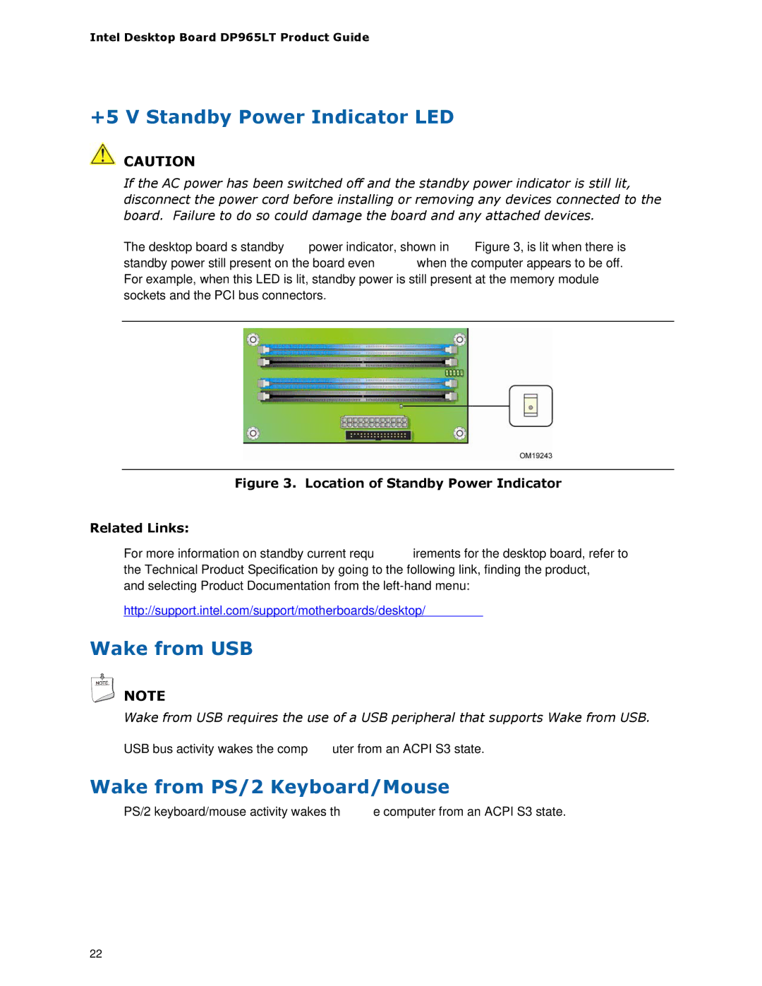 Intel DP965LT manual +5 V Standby Power Indicator LED, Wake from USB, Wake from PS/2 Keyboard/Mouse 