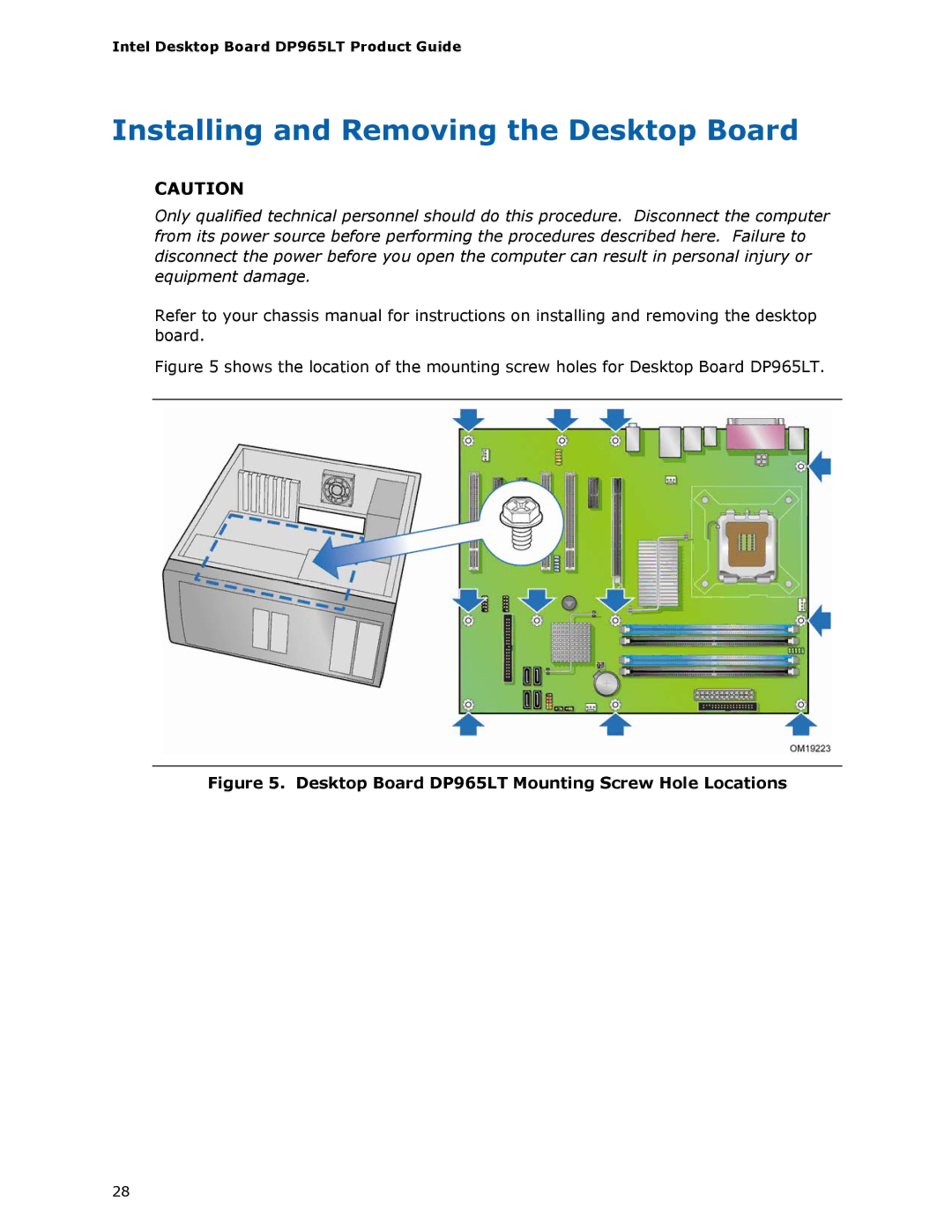 Intel manual Installing and Removing the Desktop Board, Desktop Board DP965LT Mounting Screw Hole Locations 