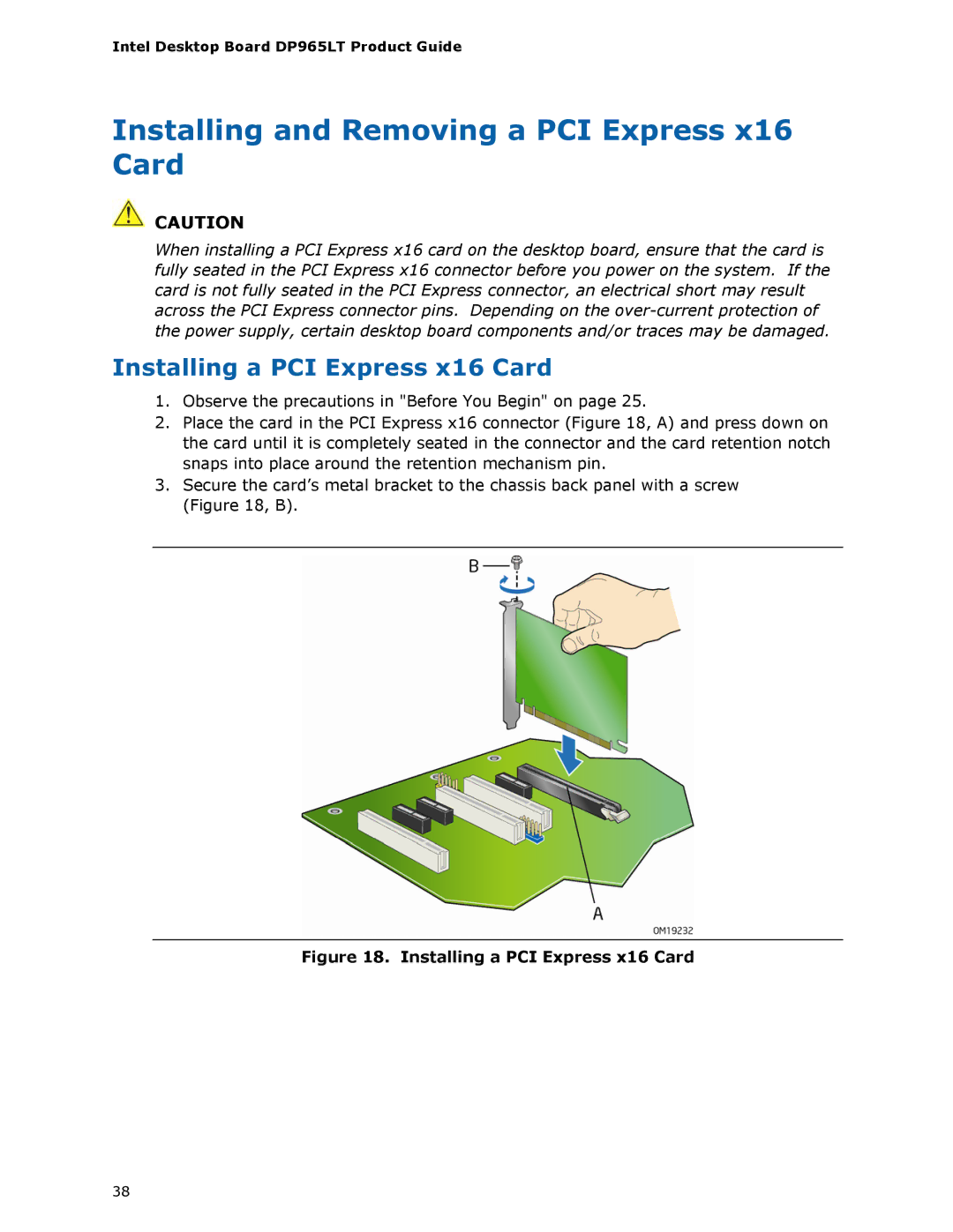 Intel DP965LT manual Installing and Removing a PCI Express x16 Card, Installing a PCI Express x16 Card 