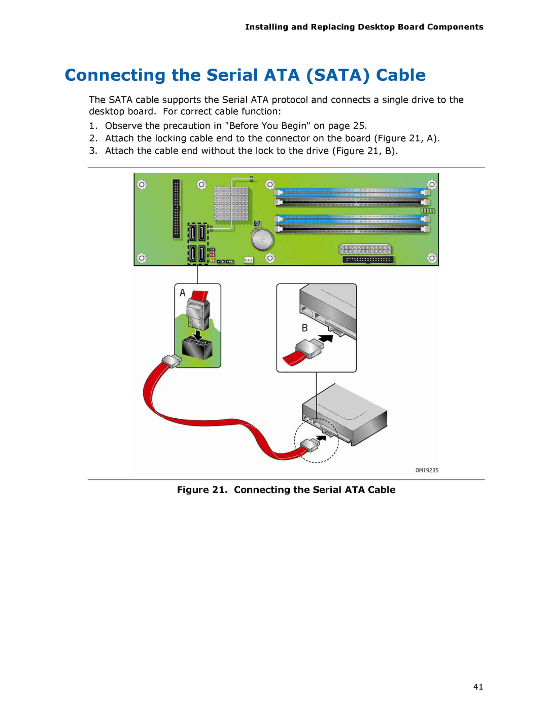 Intel DP965LT manual Connecting the Serial ATA Sata Cable, Connecting the Serial ATA Cable 