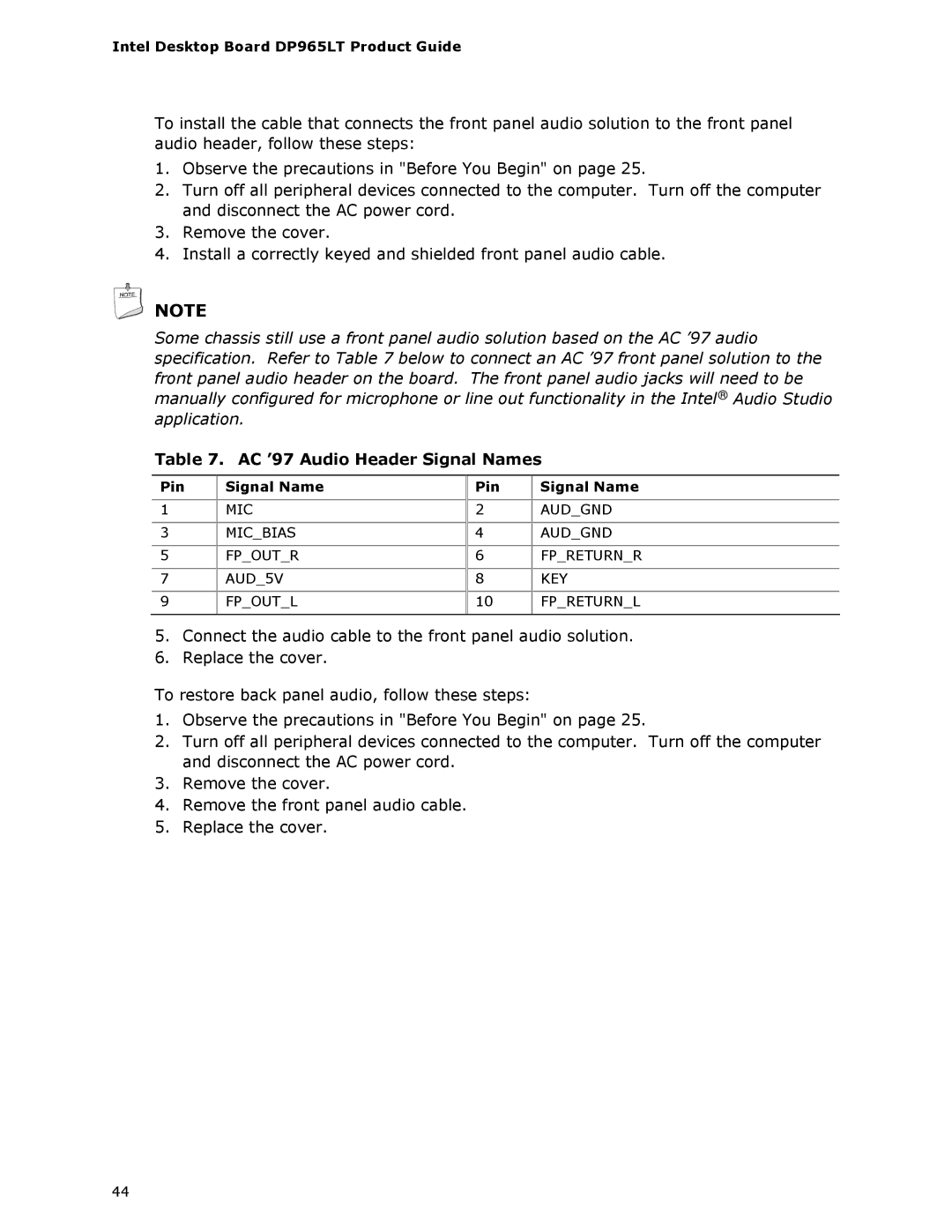 Intel DP965LT manual AC ’97 Audio Header Signal Names 