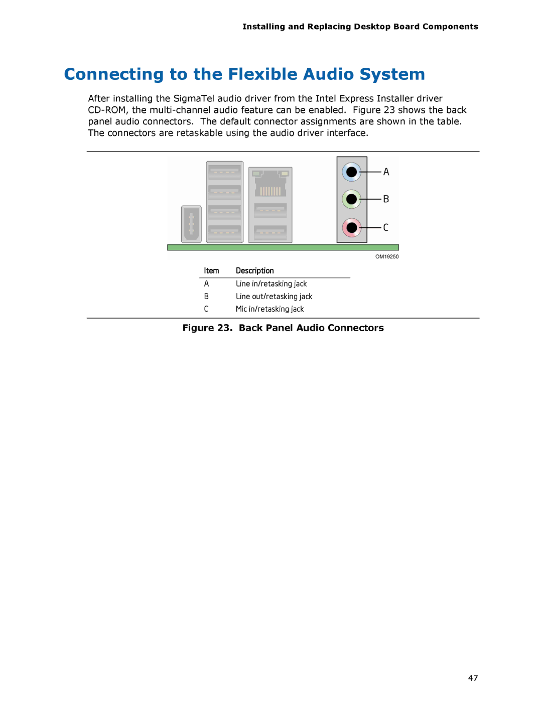 Intel DP965LT manual Connecting to the Flexible Audio System, Back Panel Audio Connectors 