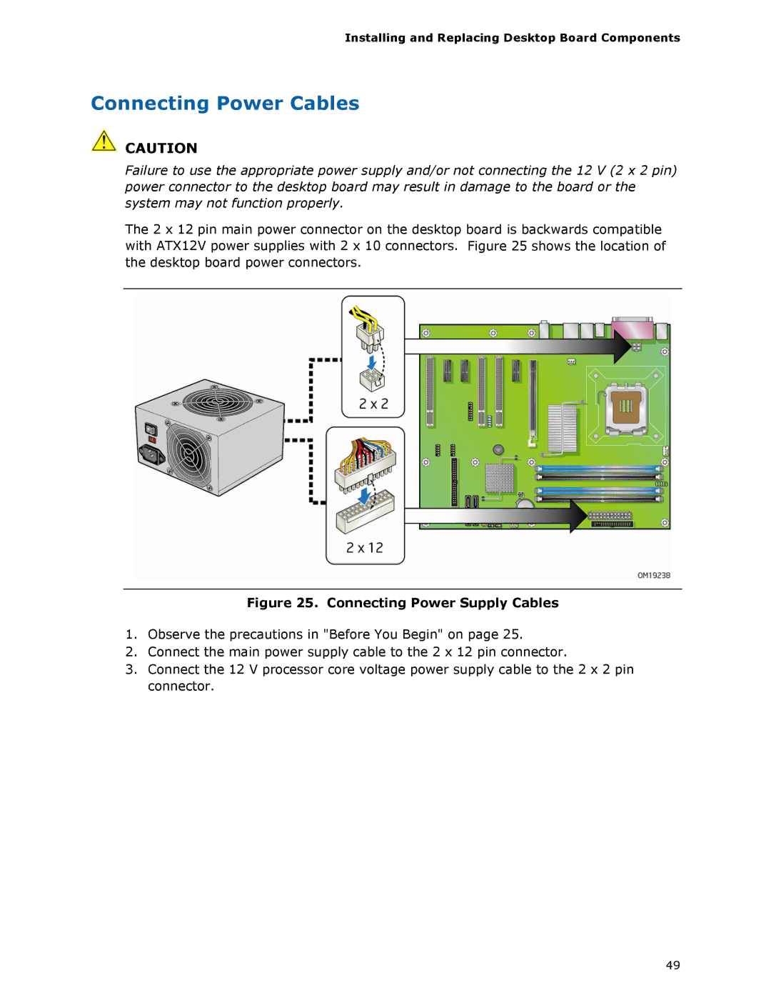 Intel DP965LT manual Connecting Power Cables, Connecting Power Supply Cables 